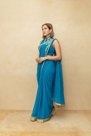 Peacock blue pre draped georgette saree and blouse set