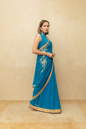 Peacock blue pre draped georgette saree and blouse set