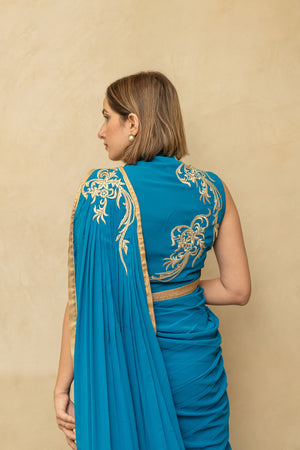 Peacock blue pre draped georgette saree and blouse set