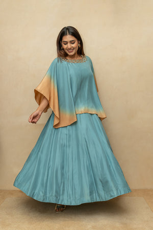 Ash blue soft silk indo western set