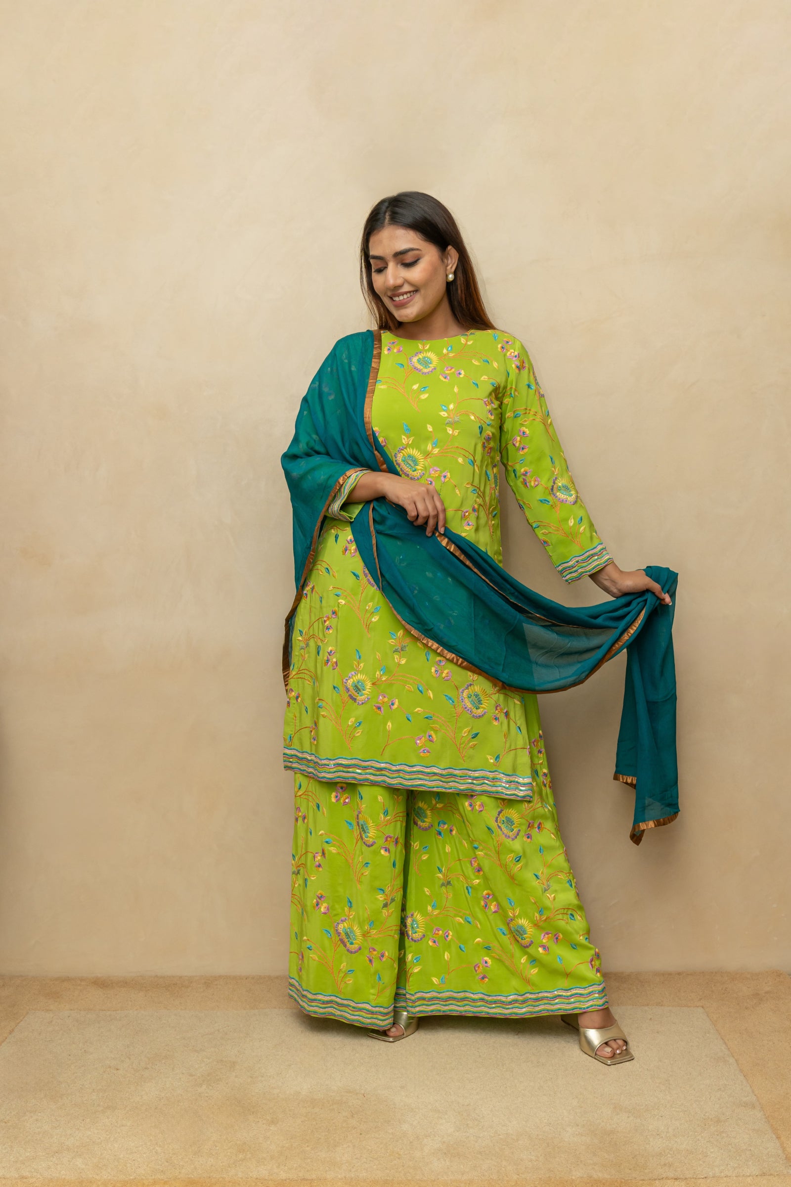 Crepe silk Parsi work shararah suit