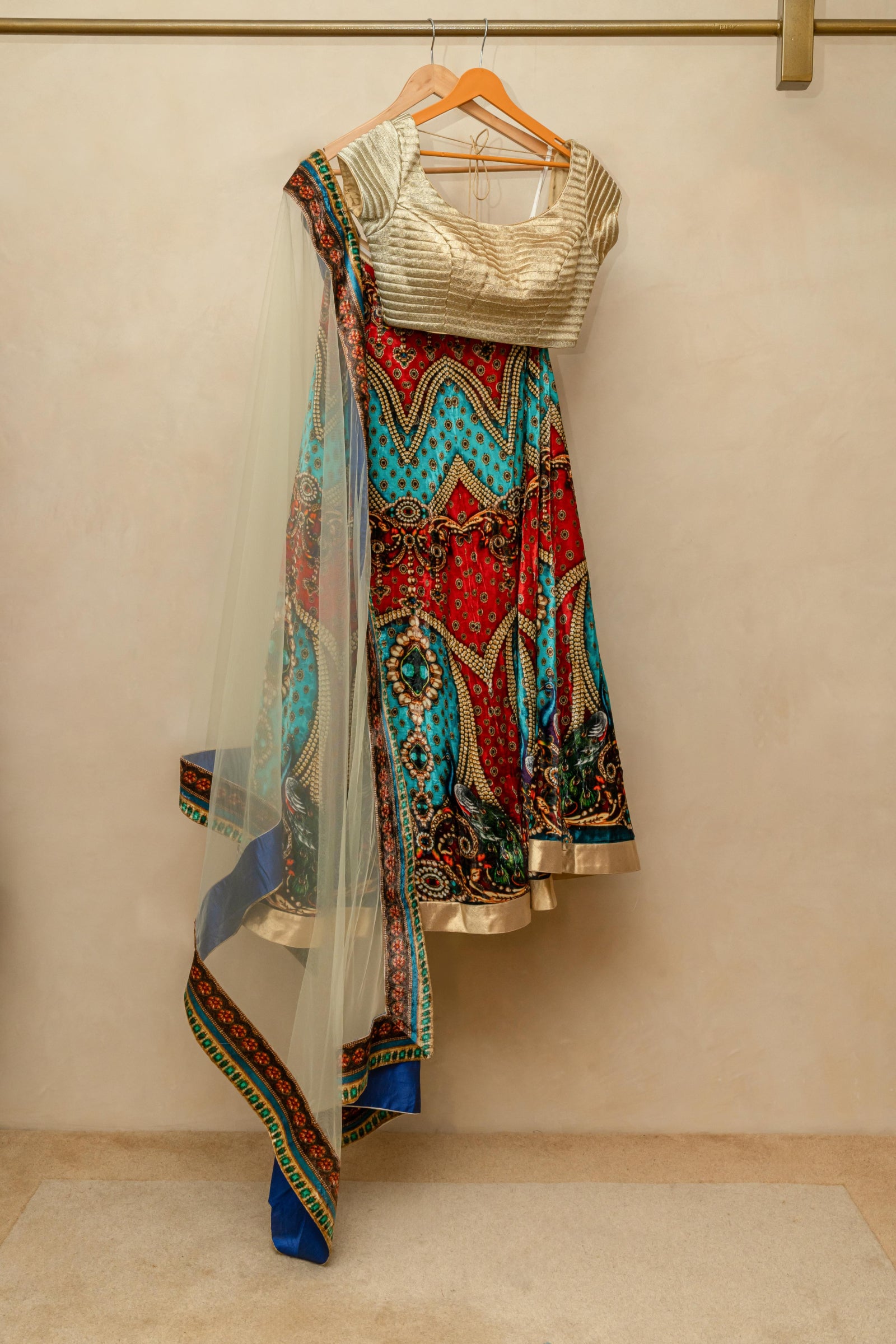 Gold and multicoloured digital print velvet lehenga set