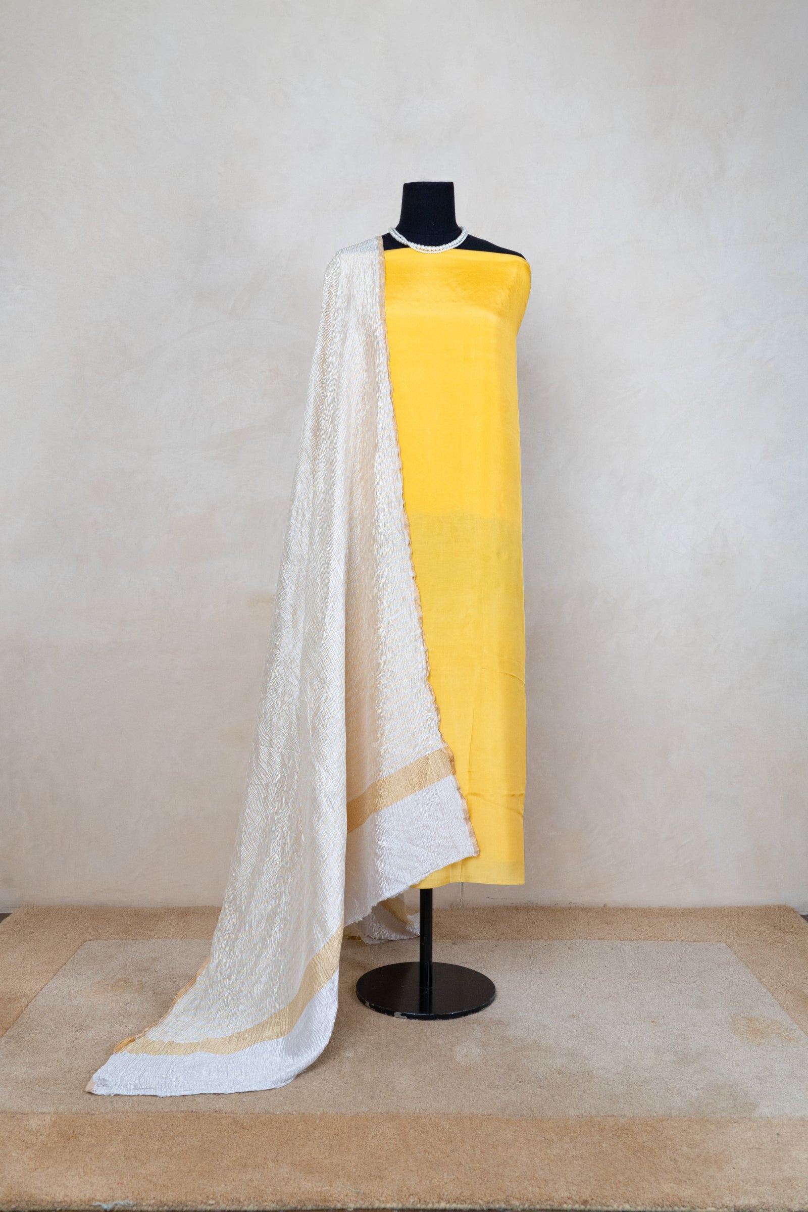Bright yellow satin silk with chiffon crush dupatta suit set