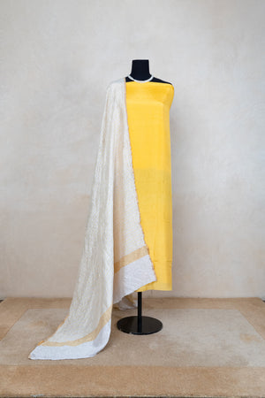 Bright yellow satin silk with chiffon crush dupatta suit set