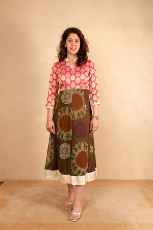 Pink brocade and olive print kalidar kurta