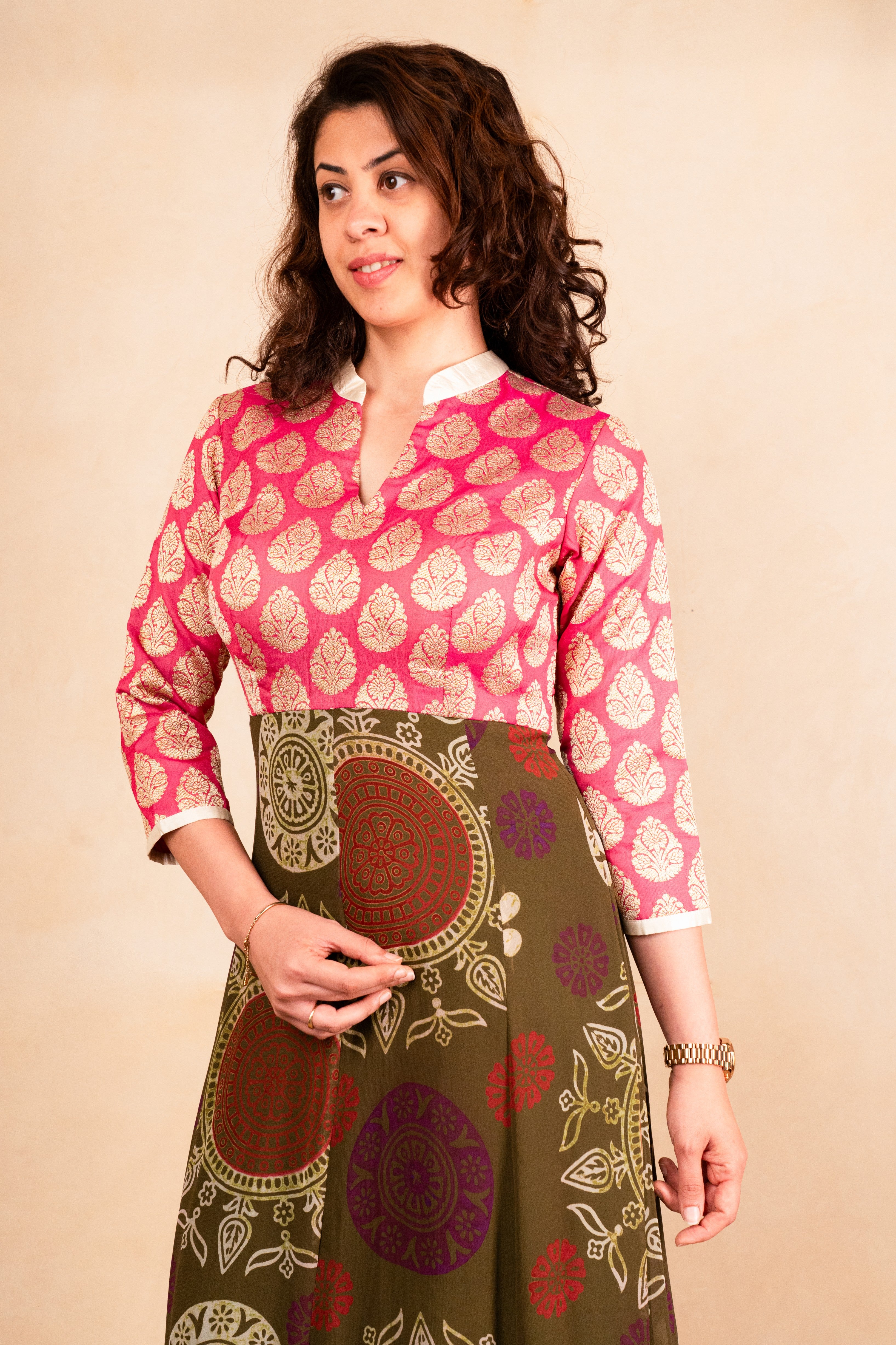 Pink brocade and olive print kalidar kurta
