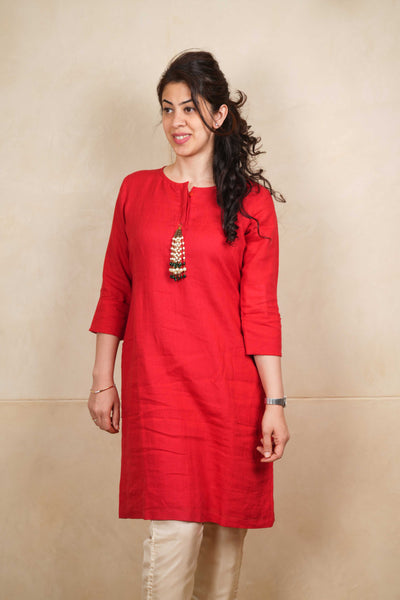 Red linen kurta