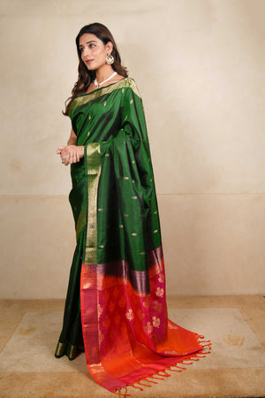 Bottle green soft silk saree