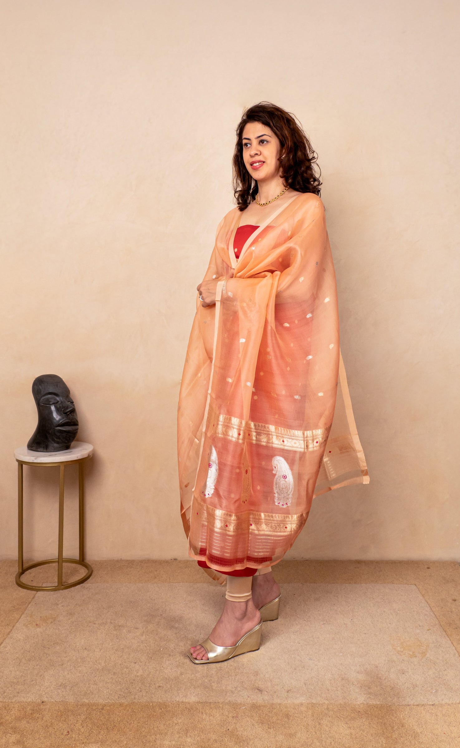 Red silk suit with peach organza dupatta