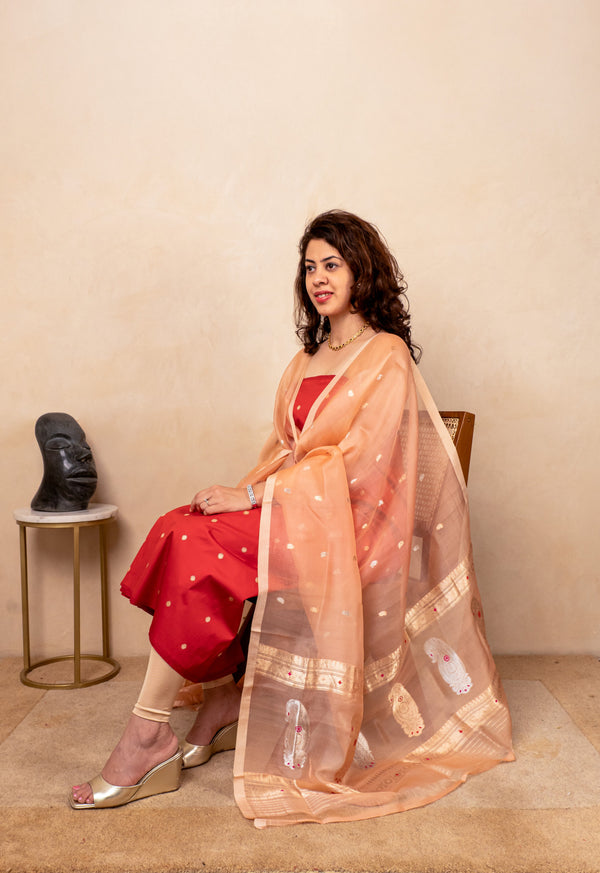 Red silk suit with peach organza dupatta