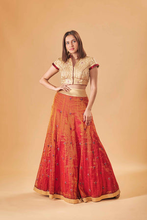 Gold Kin Khaab Indowestern blouse with Tissue silk Parsi work skirt