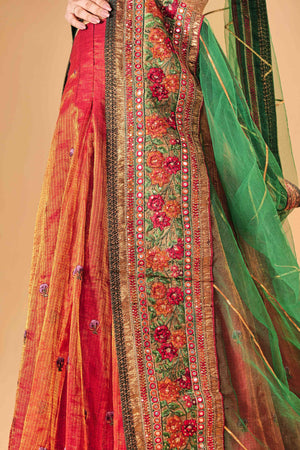 Gold Kin Khaab Indowestern blouse with Tissue silk Parsi work skirt and Soft net Gota and threadwork dupatta