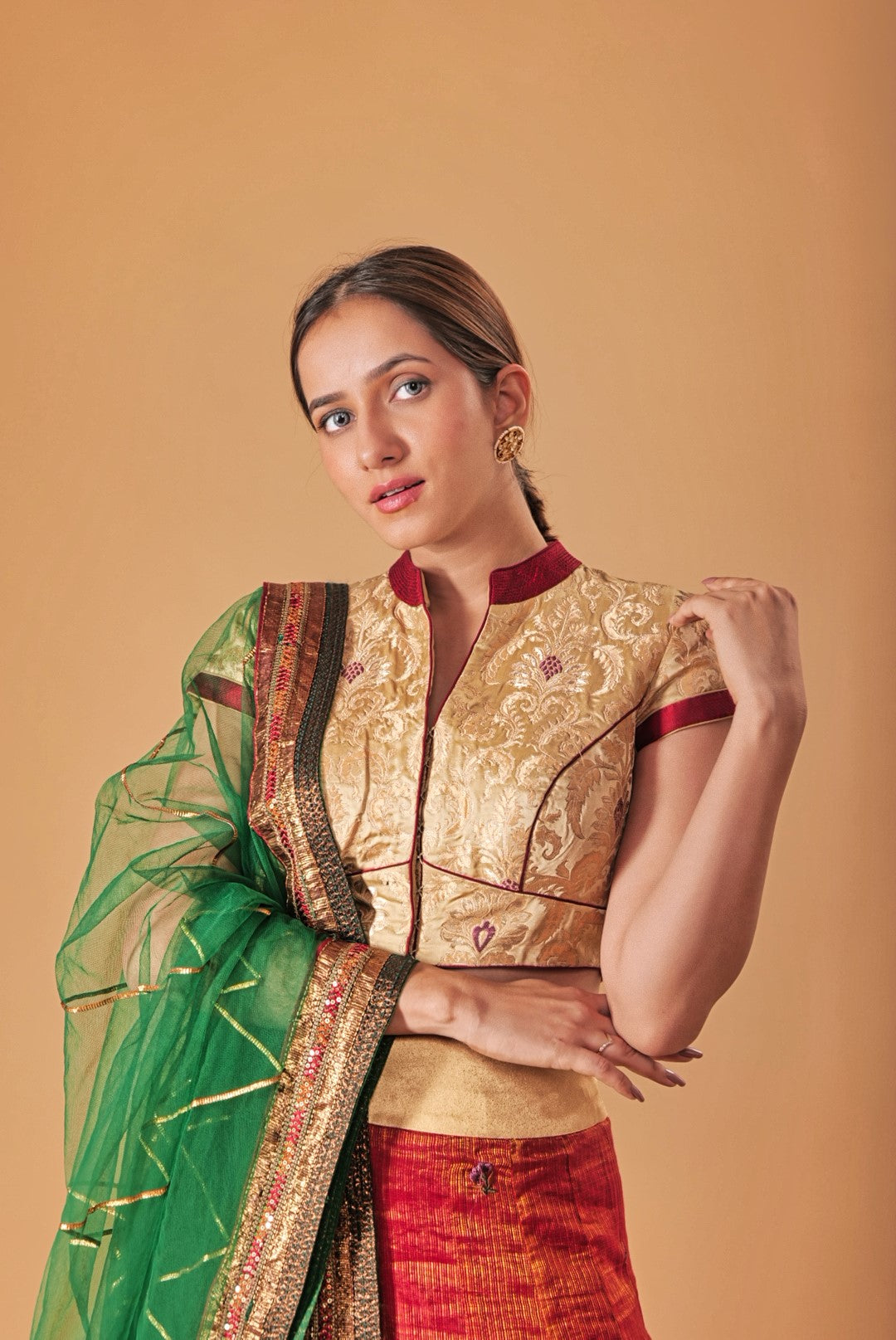 Gold Kin Khaab Indowestern blouse with Tissue silk Parsi work skirt and Soft net Gota and threadwork dupatta