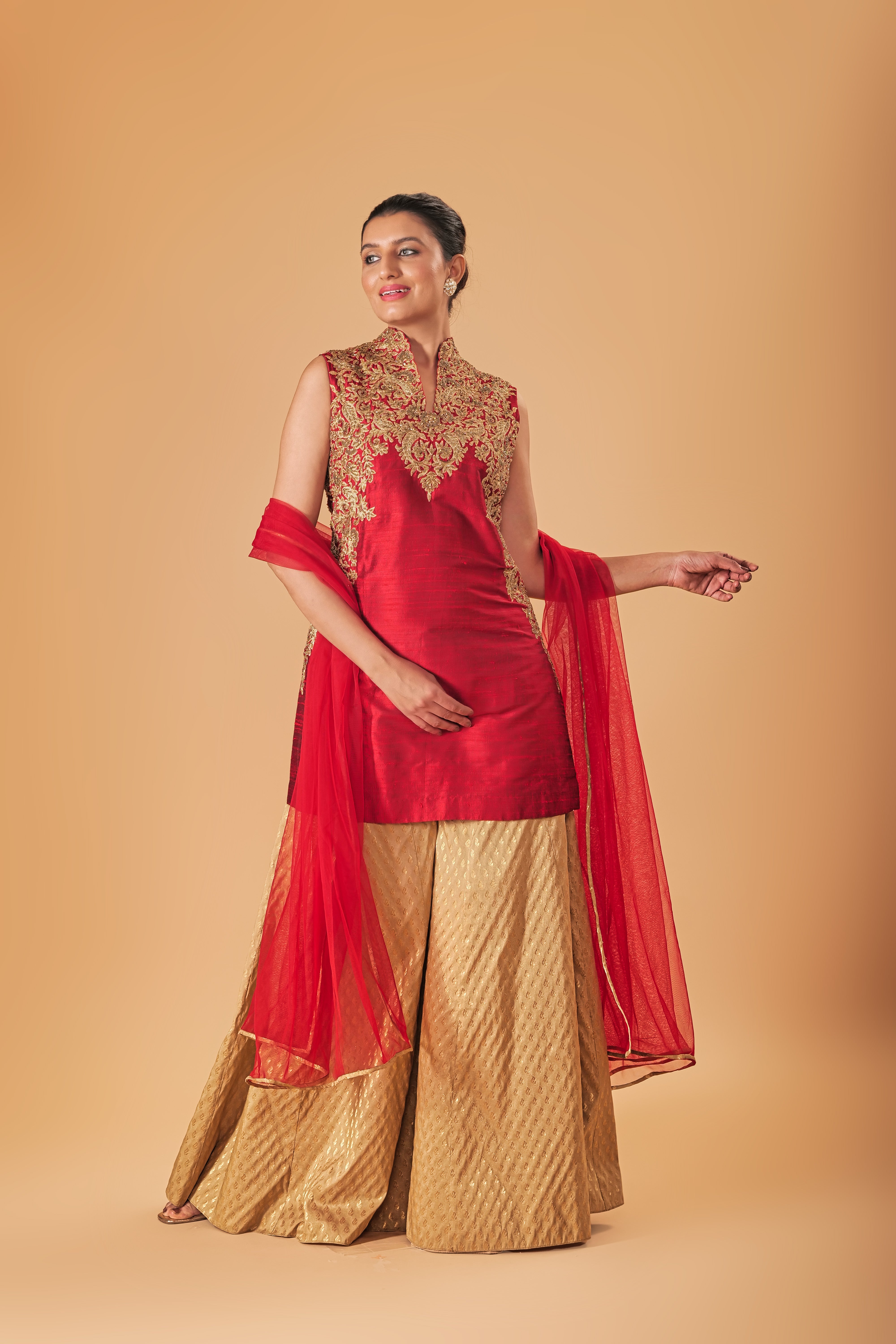 Deep Red and gold silk Shararah set