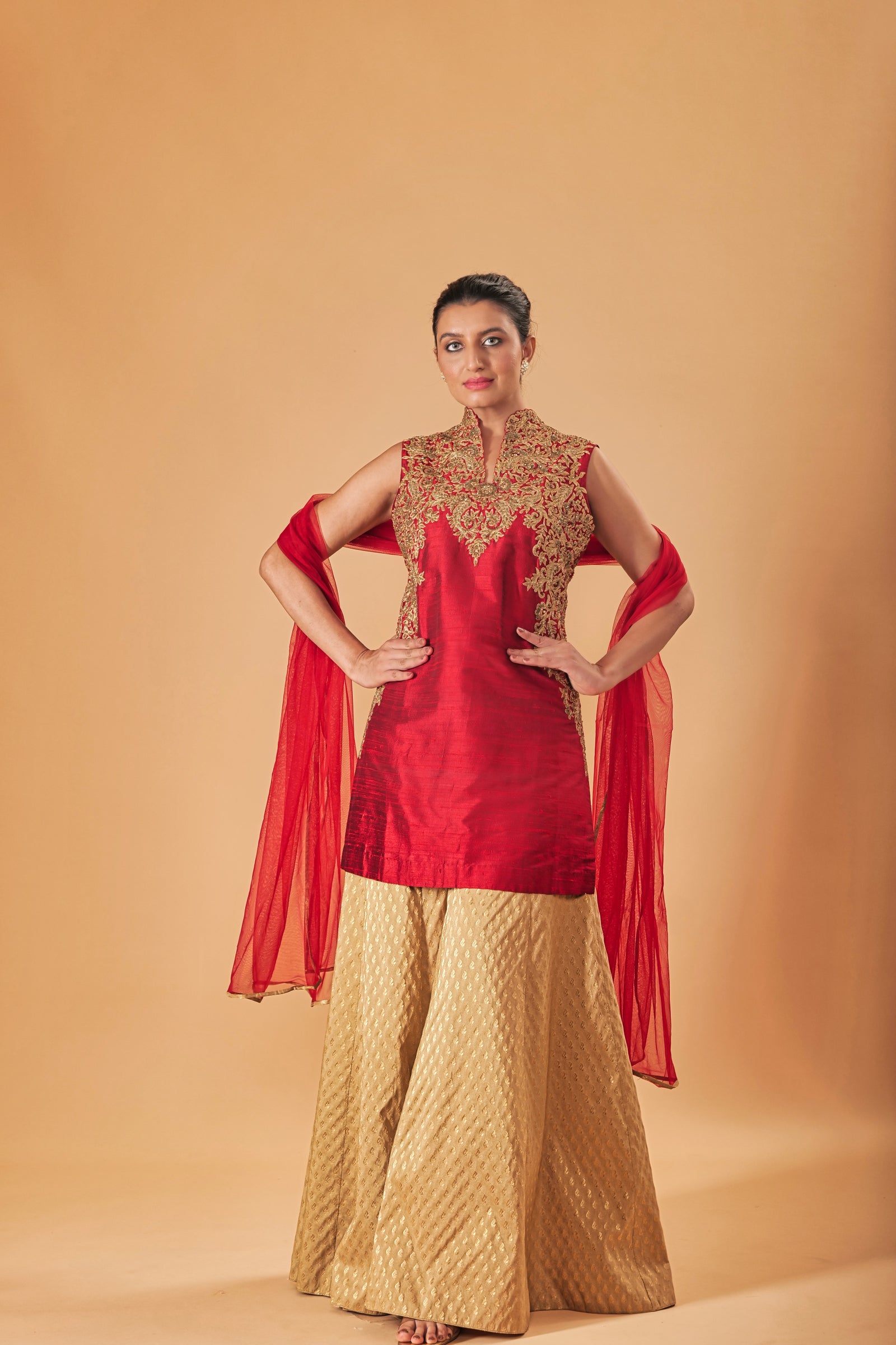 Deep Red and gold silk Shararah set