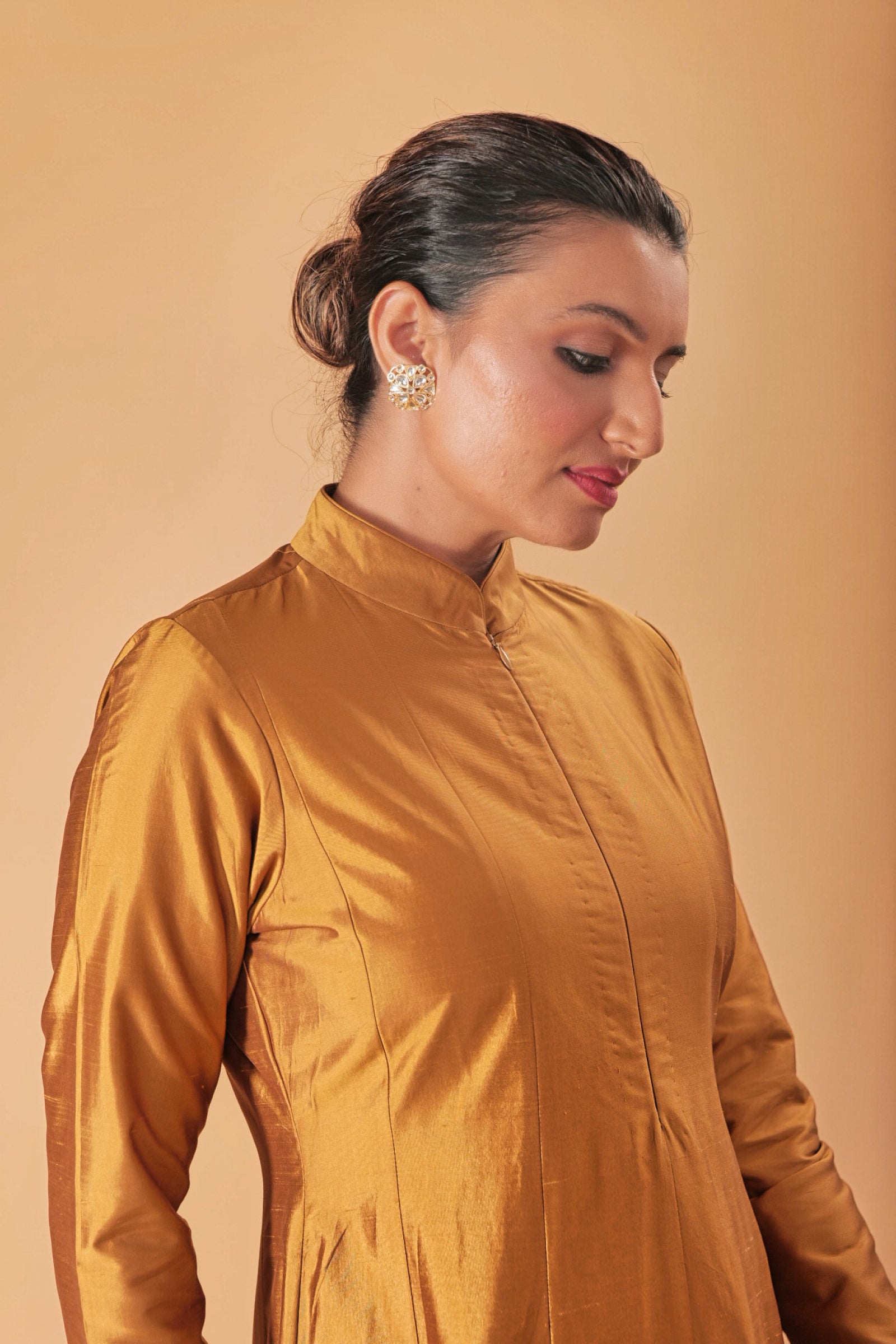 Indowestern Copper gold silk Semi Anarkali