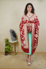 Mint green crepe silk suit material with Deep red Banarasi georgette dupatta