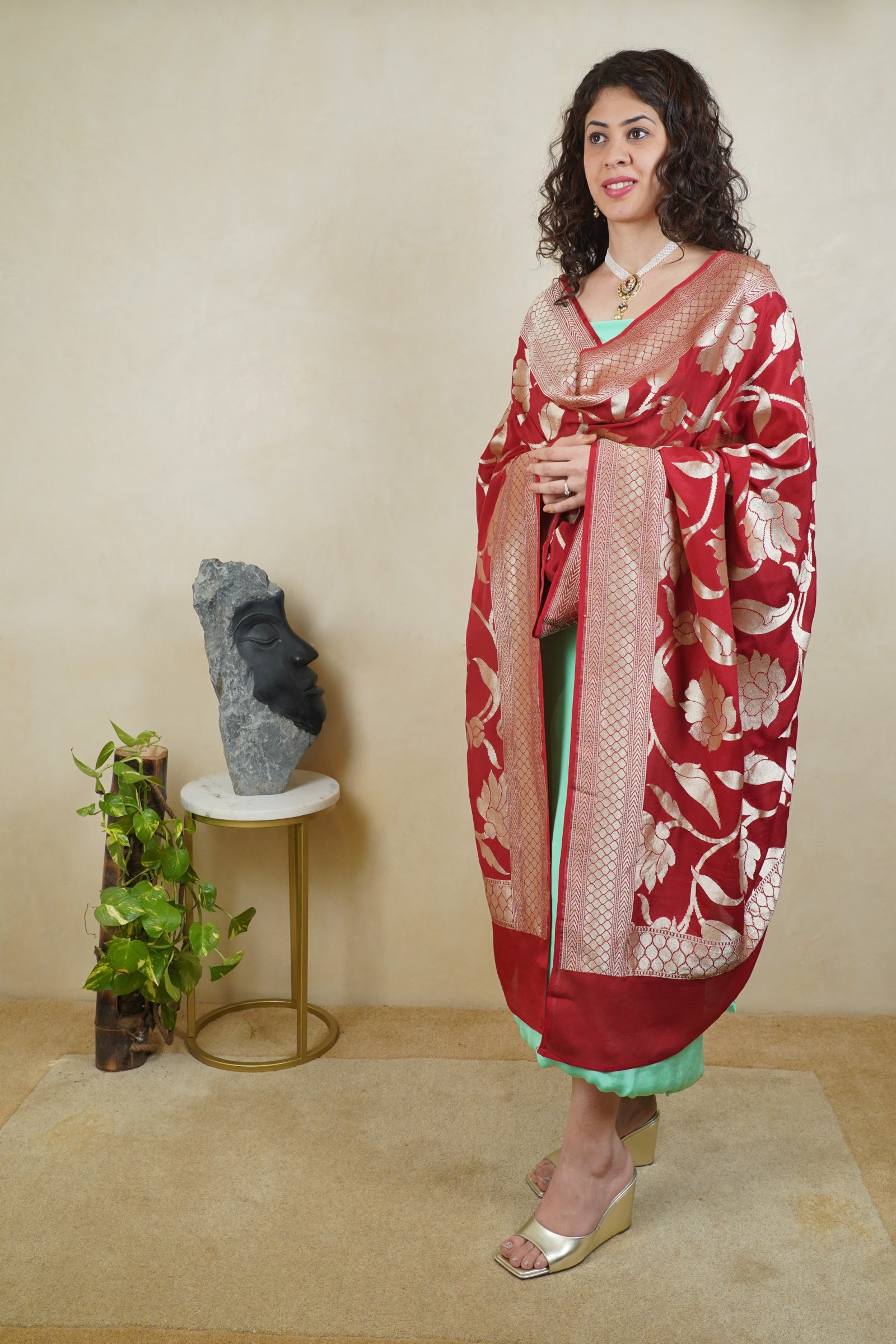 Mint green crepe silk suit material with Deep red Banarasi georgette dupatta