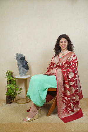 Mint green crepe silk suit material with Deep red Banarasi georgette dupatta