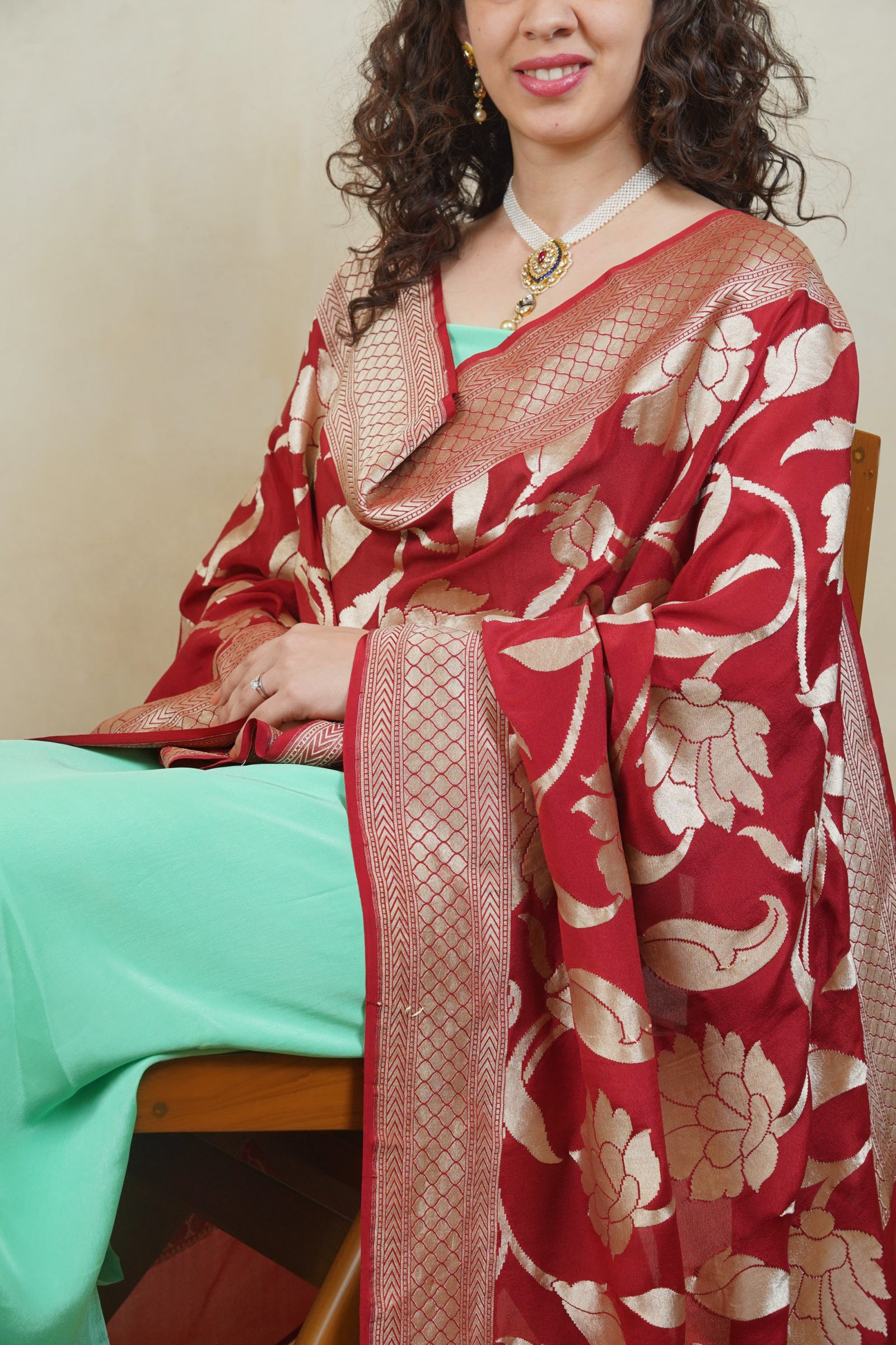 Mint green crepe silk suit material with Deep red Banarasi georgette dupatta