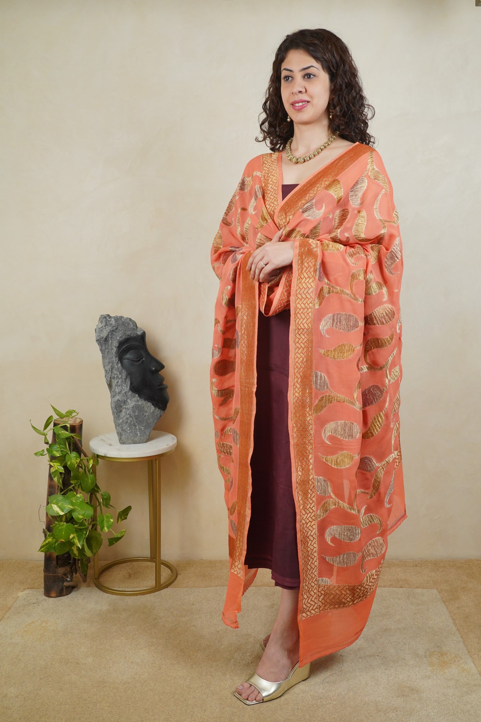 Burgundy maroon silk suit material with Peachish orange Banarasi chiffon dupatta