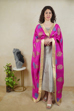Grey silk suit material with Majenta Banarasi resham Moonga silk dupatta