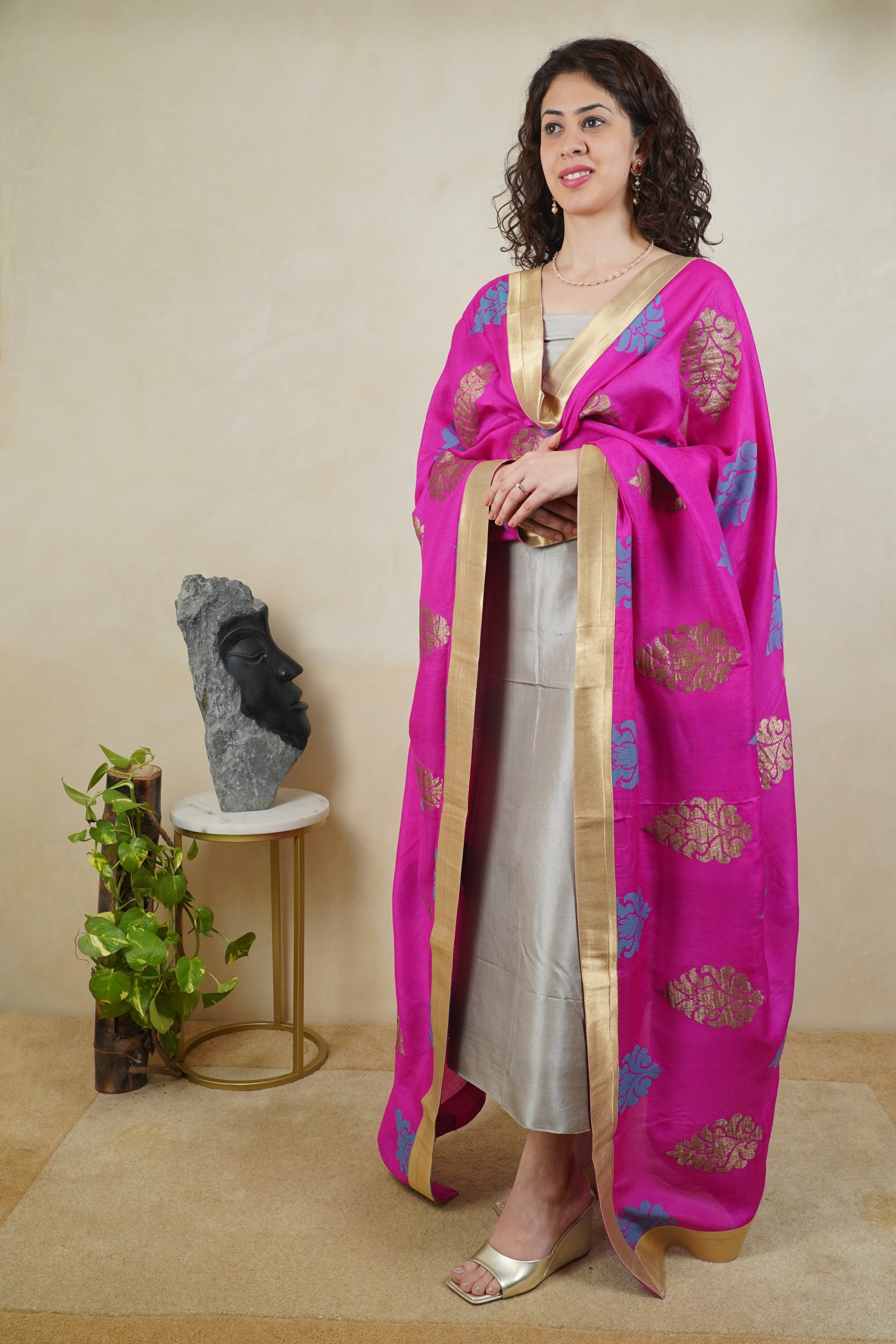 Grey silk suit material with Majenta Banarasi resham Moonga silk dupatta