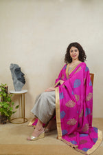 Grey silk suit material with Majenta Banarasi resham Moonga silk dupatta
