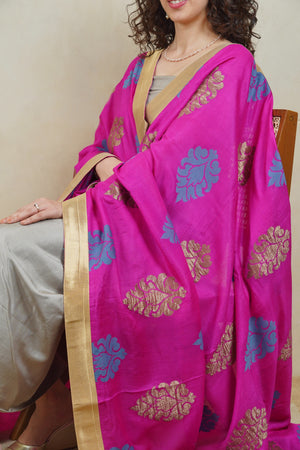 Grey silk suit material with Majenta Banarasi resham Moonga silk dupatta