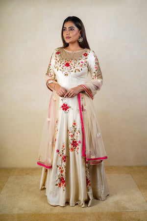 Off white raw silk anarkali gown