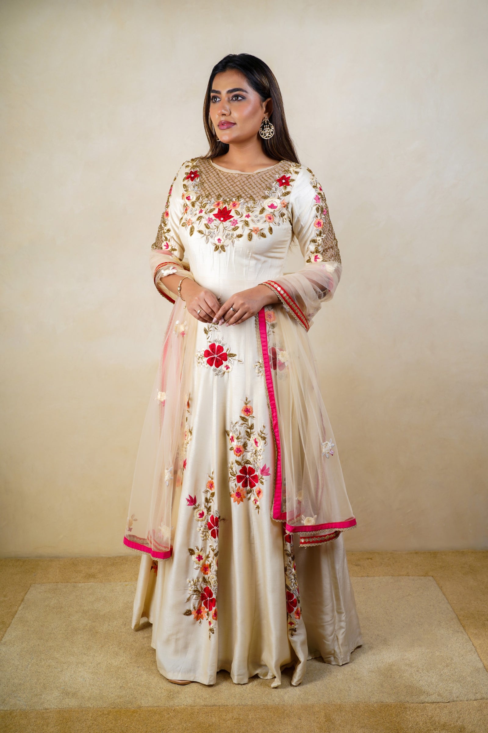 Off white raw silk anarkali gown