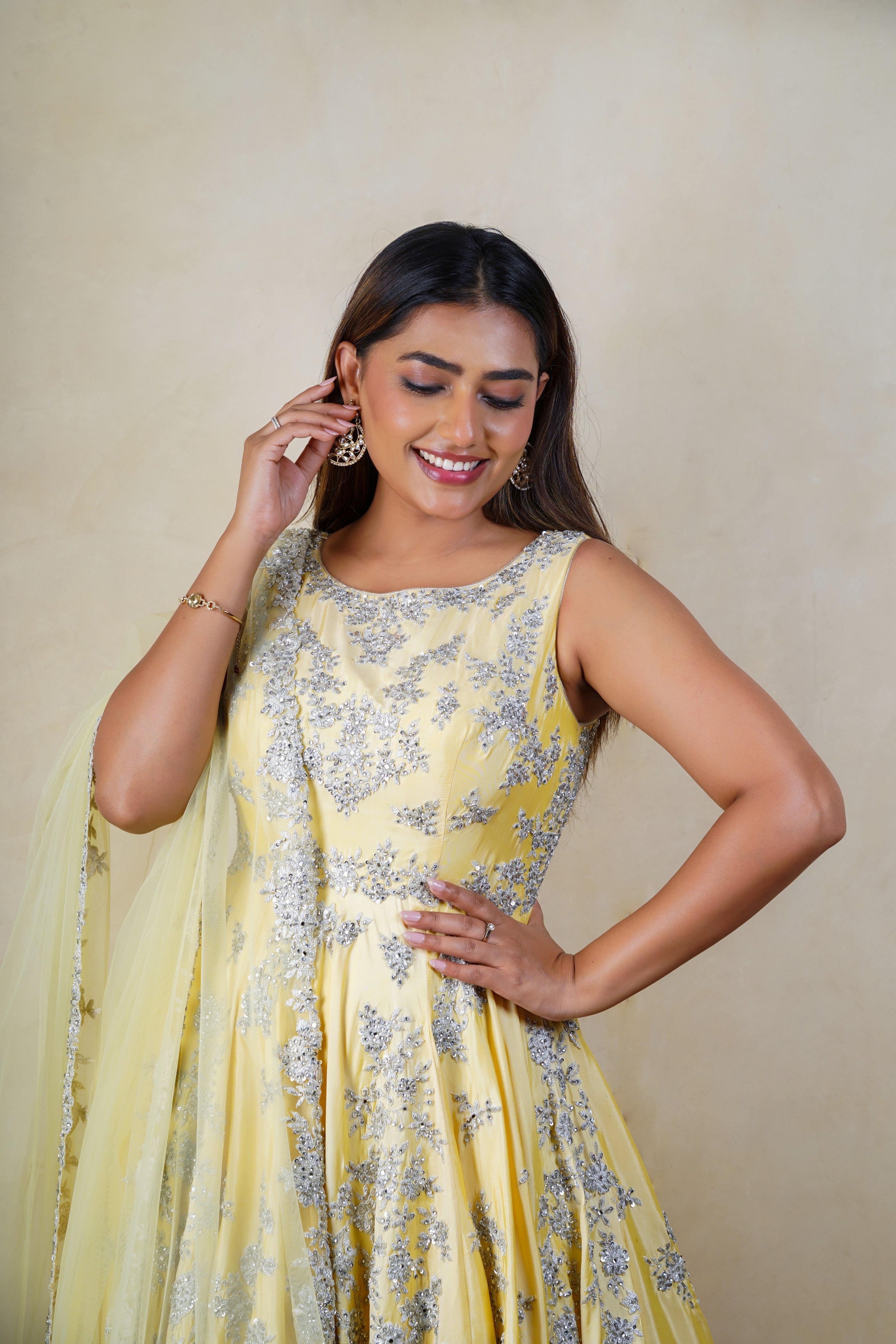 Creamy yellow silk heavy embroidered anarkali suit set