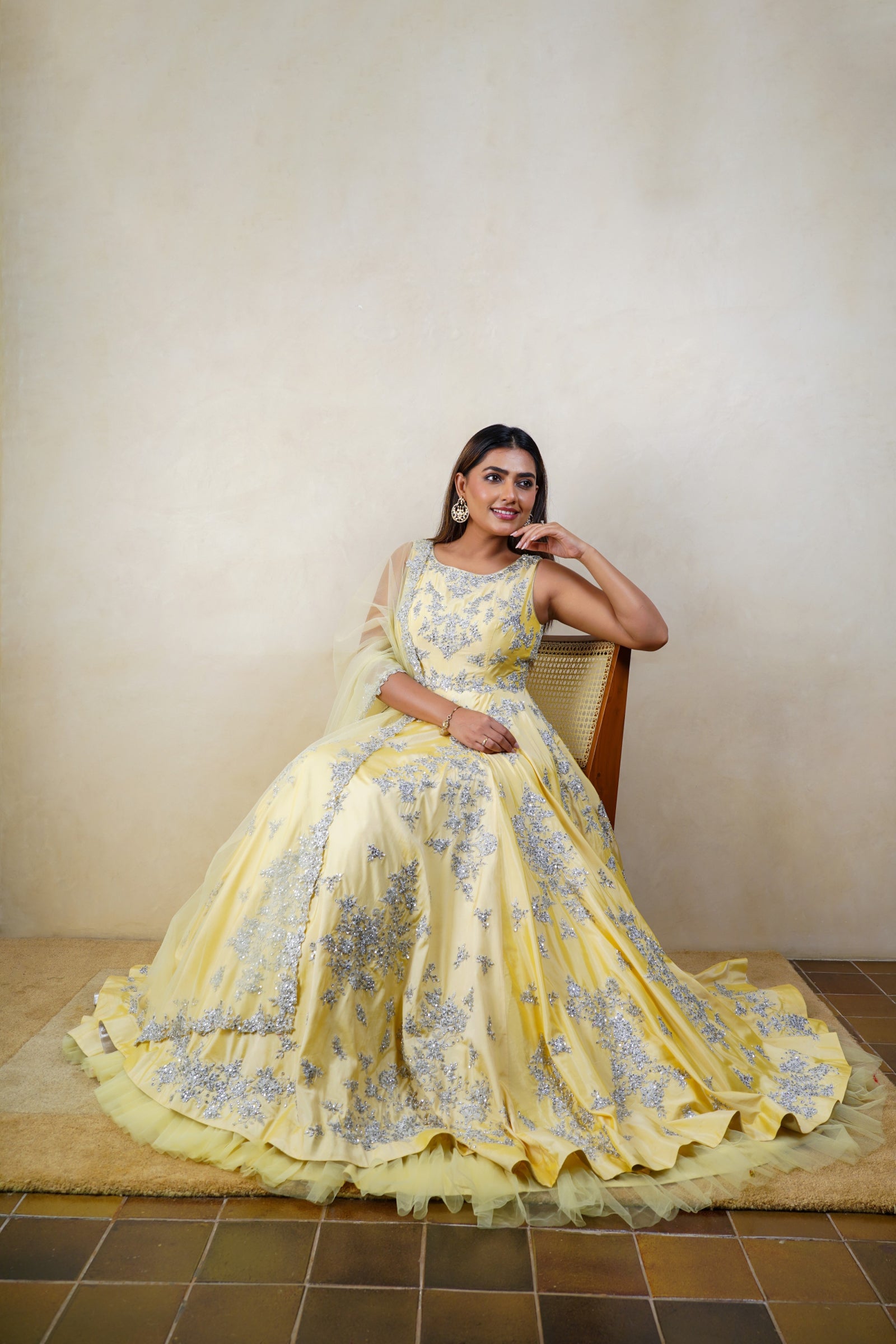 Creamy yellow silk heavy embroidered anarkali suit set
