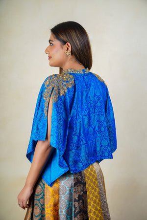 Multicoloured banarasi silk cape style lehenga