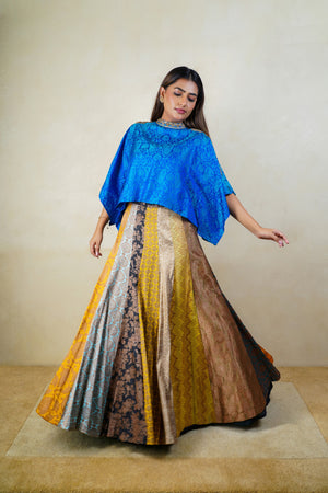 Multicoloured banarasi silk cape style lehenga