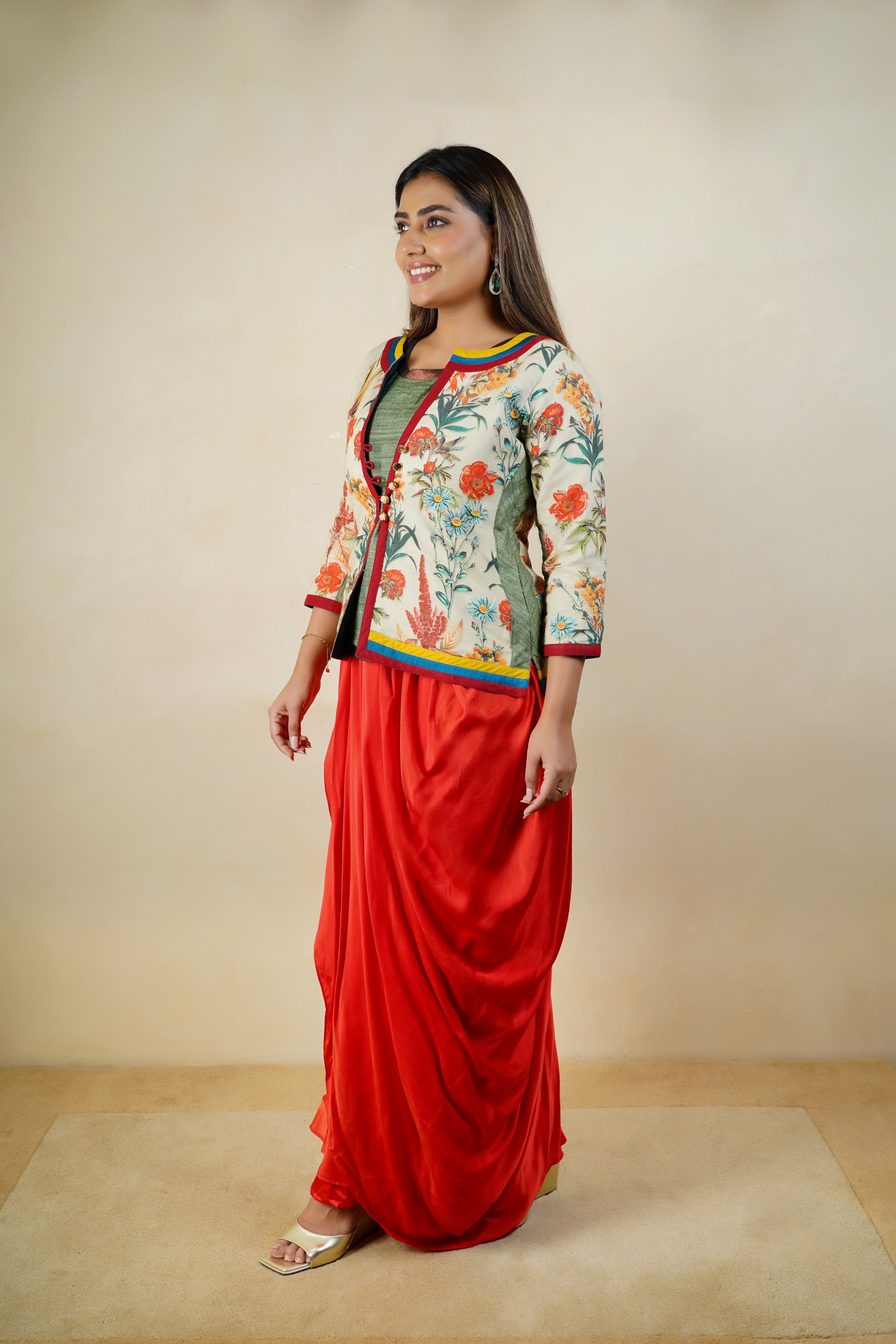Indo - western floral jacket blouse with drape skirt