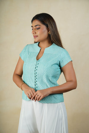 Pastel blue self threadwork long blouse and palazzo pant