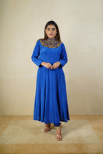 Royal blue high neck satin crepe suit set