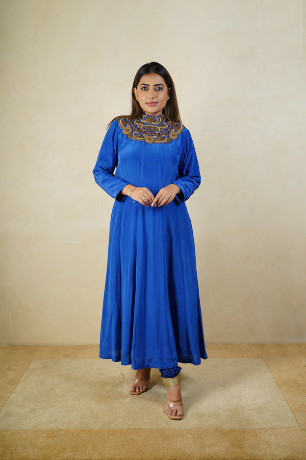 Royal blue high neck satin crepe suit set