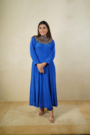 Royal blue high neck satin crepe suit set