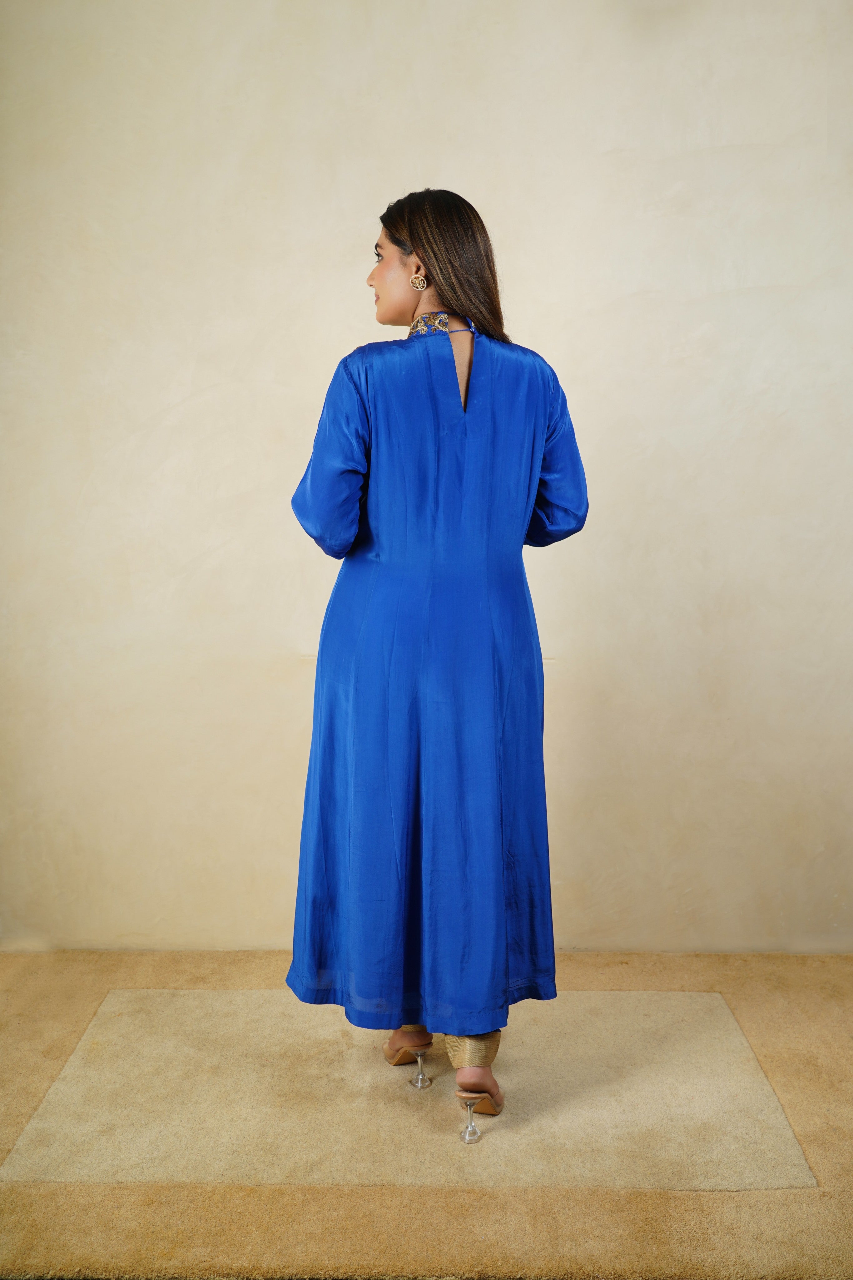 Royal blue high neck satin crepe suit set