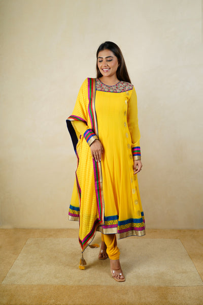 Sunshine yellow chiffon anarkali suit set
