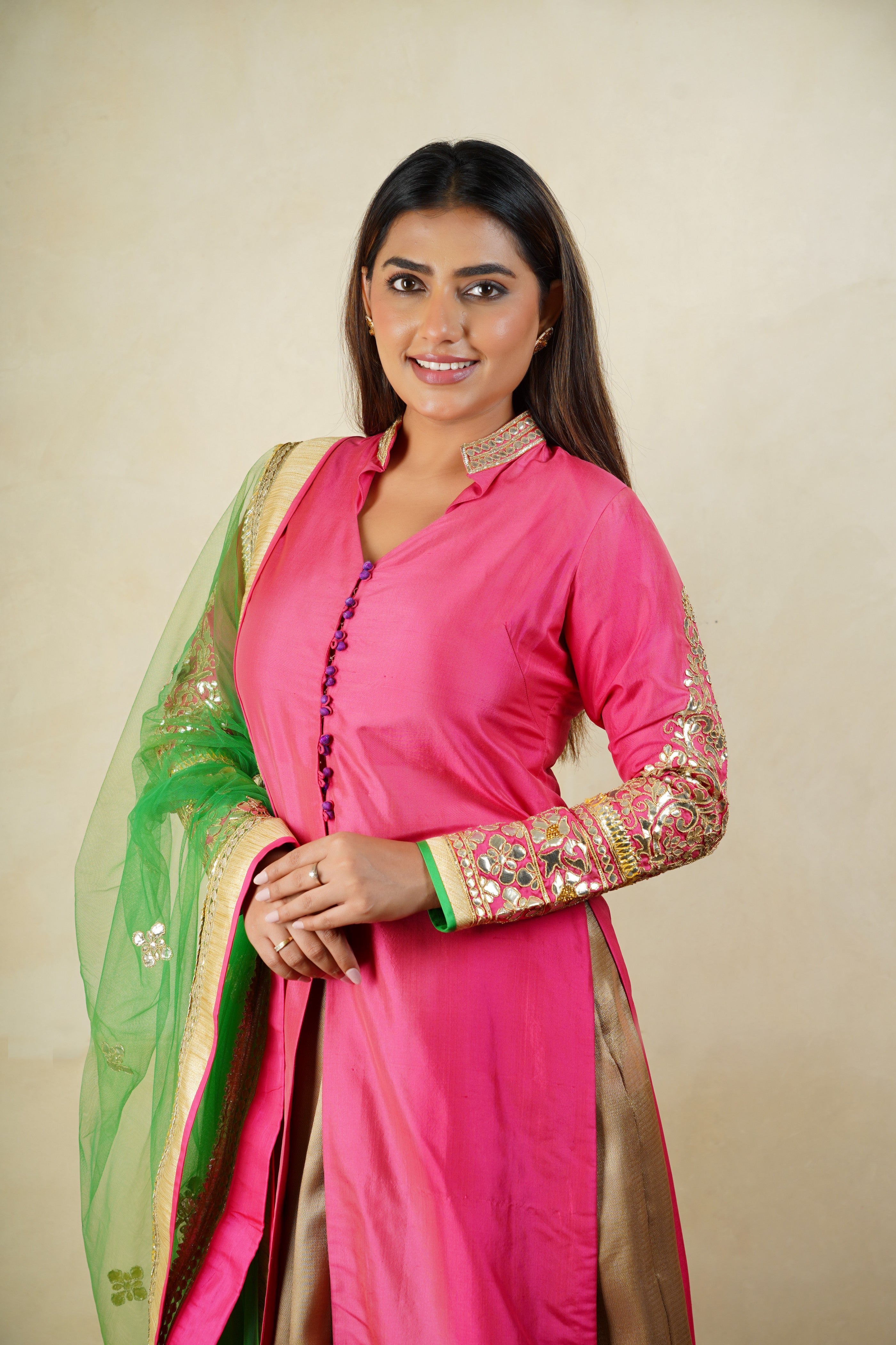 Pink and gold long jacket kurta style lehenga set