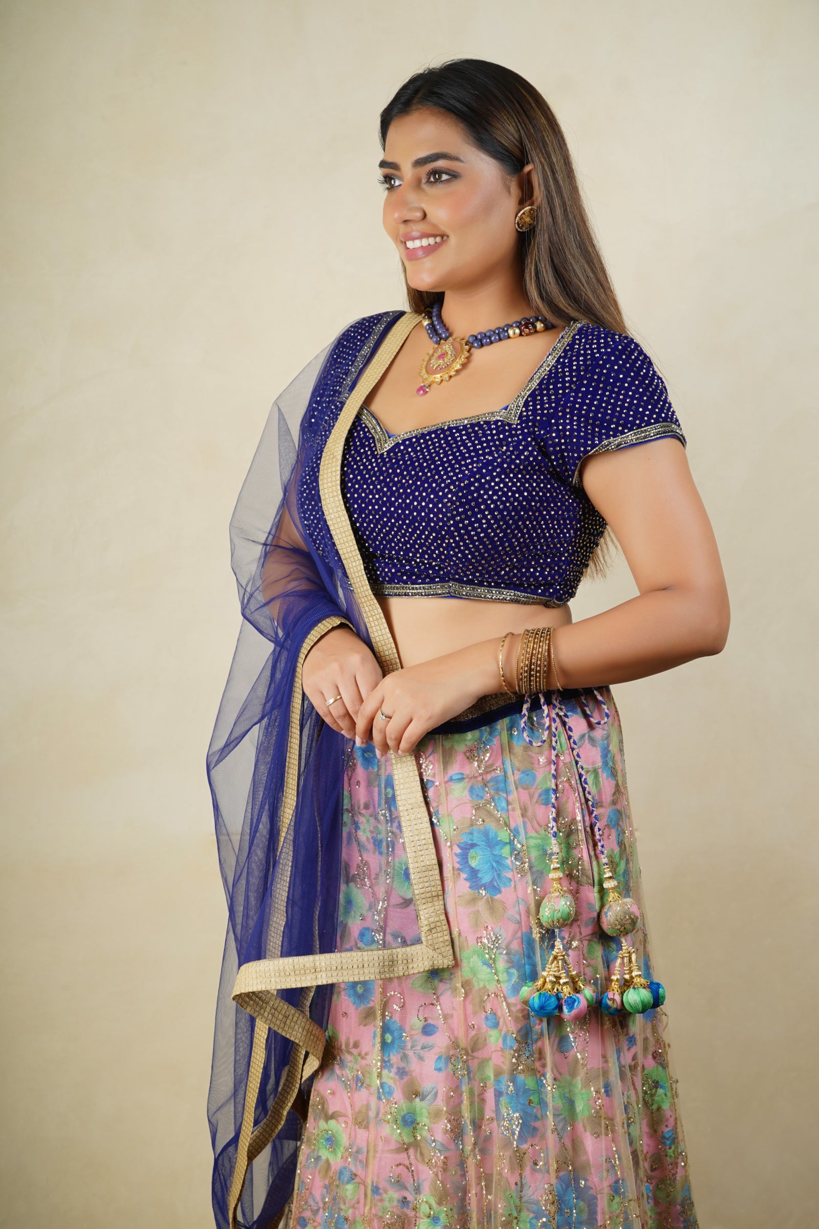 Deep blue and pink floral lehenga set