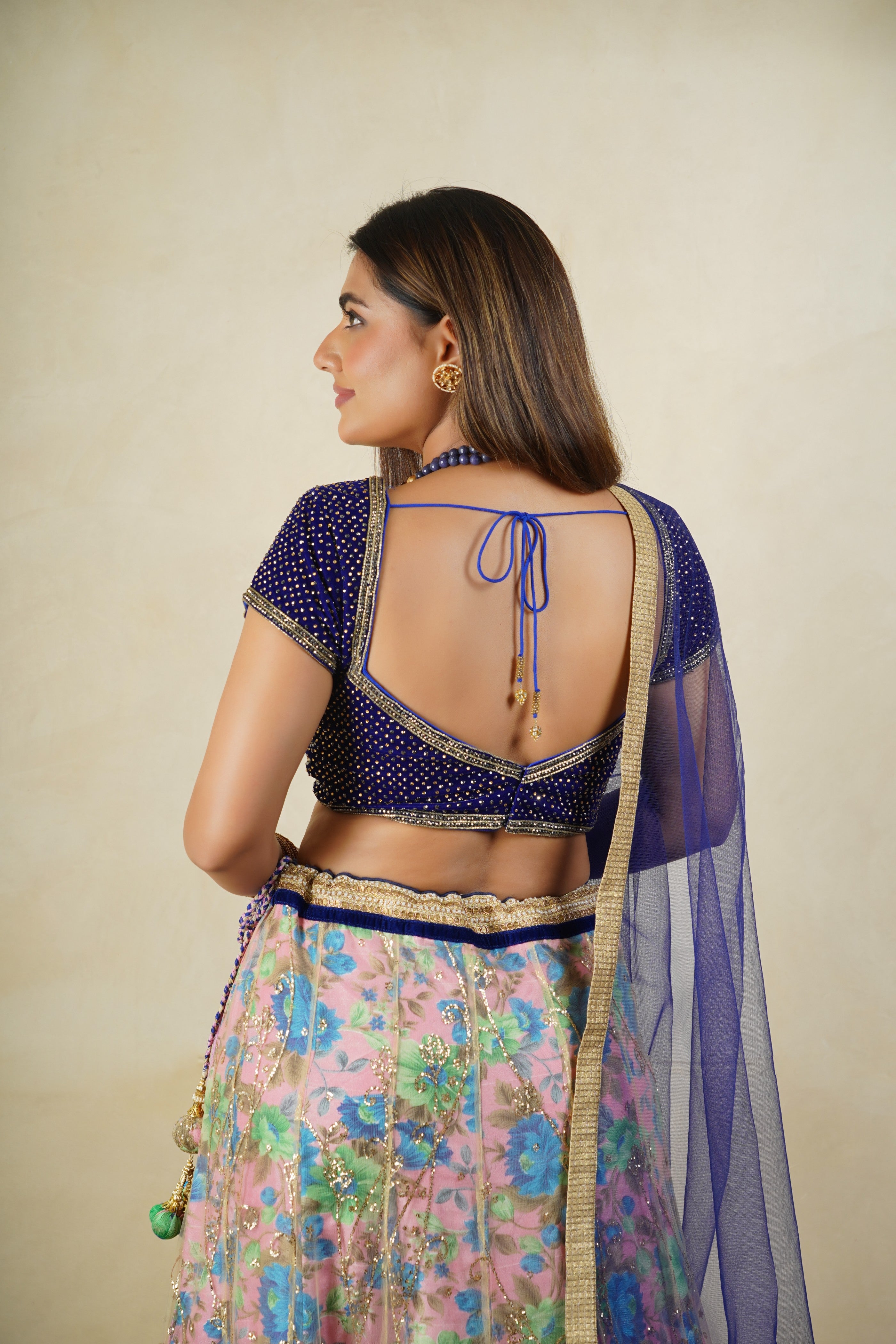 Deep blue and pink floral lehenga set