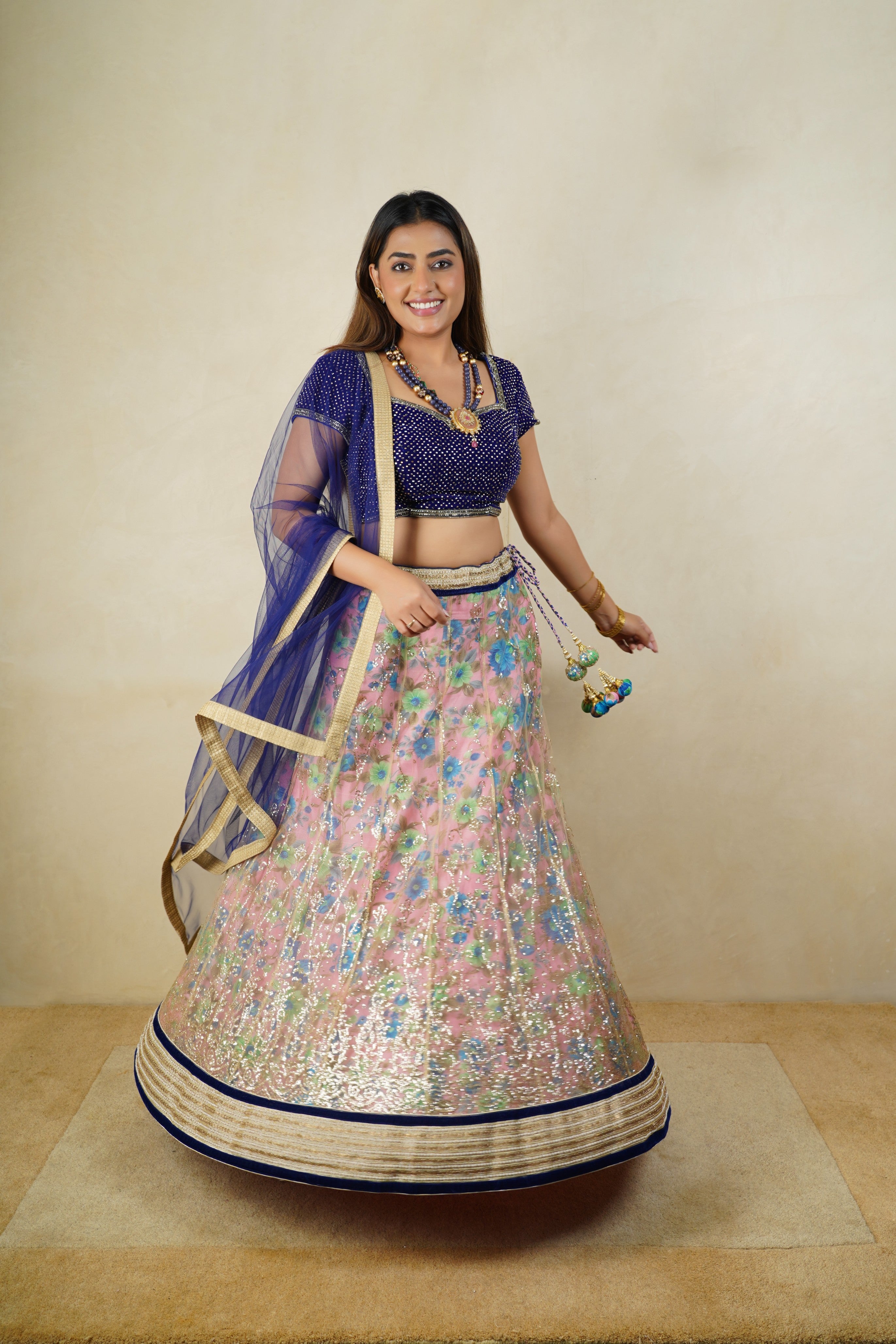 Deep blue and pink floral lehenga set