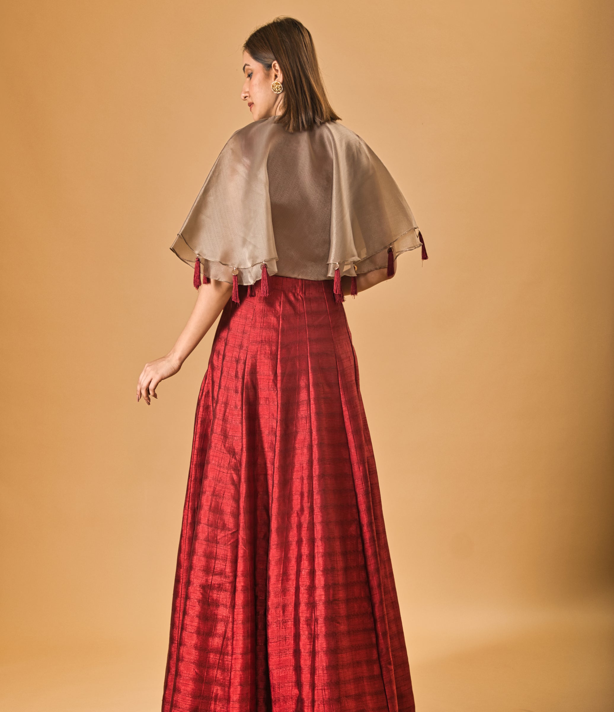 Cape style Indowestern Maroon silk lehenga