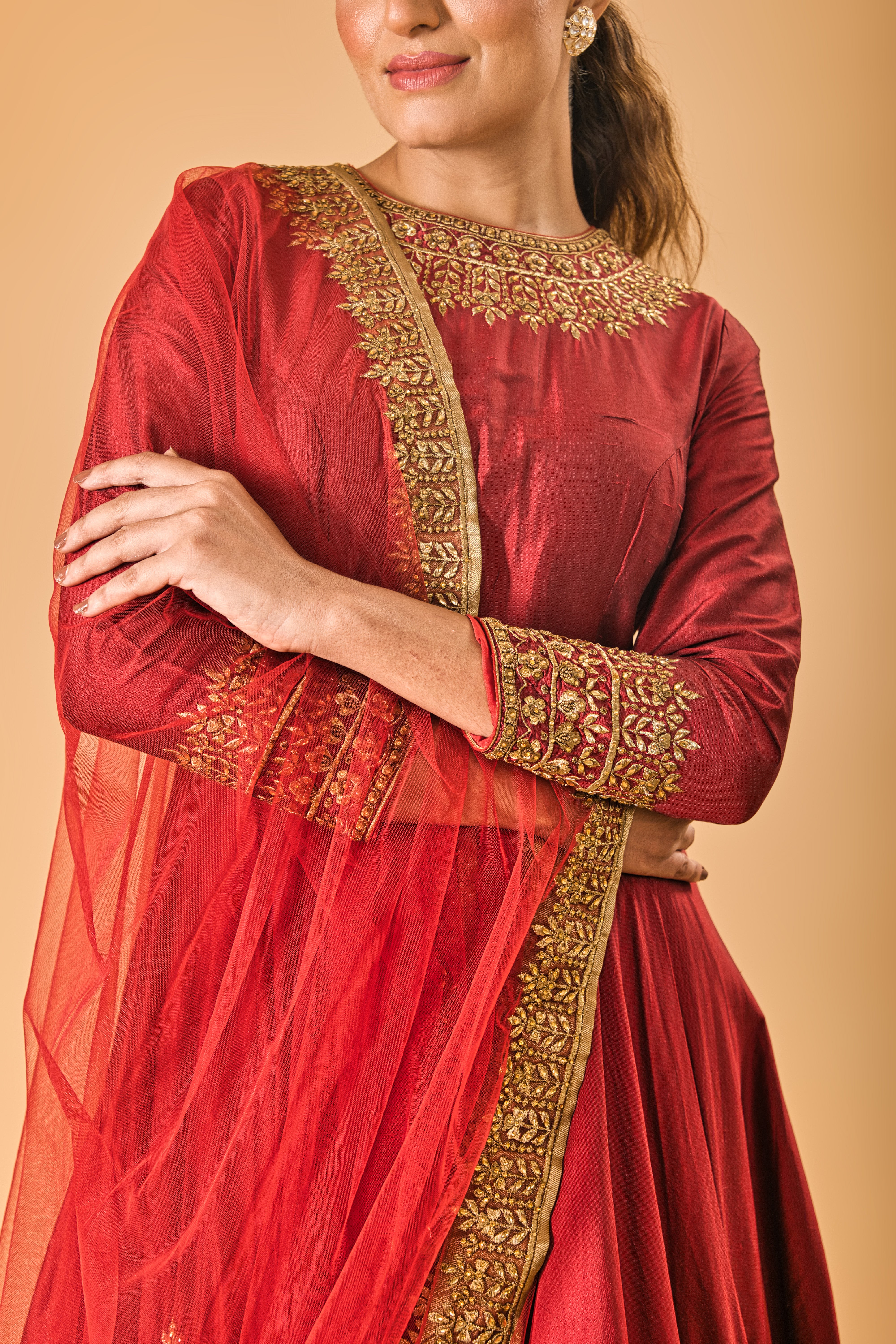 Burgundy Maroon and Gold silk gown