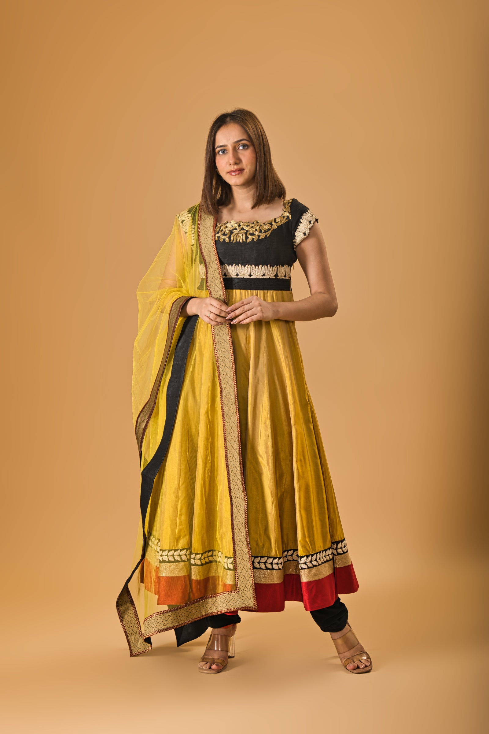 Mustard and Black calf length silk Anarkali