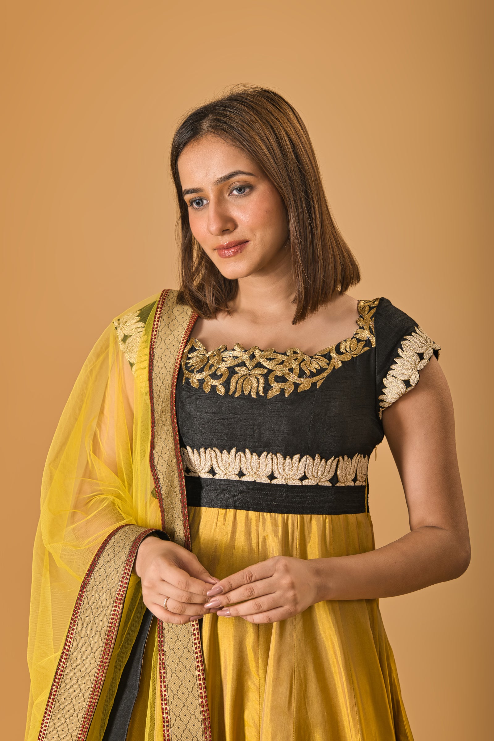 Mustard and Black calf length silk Anarkali